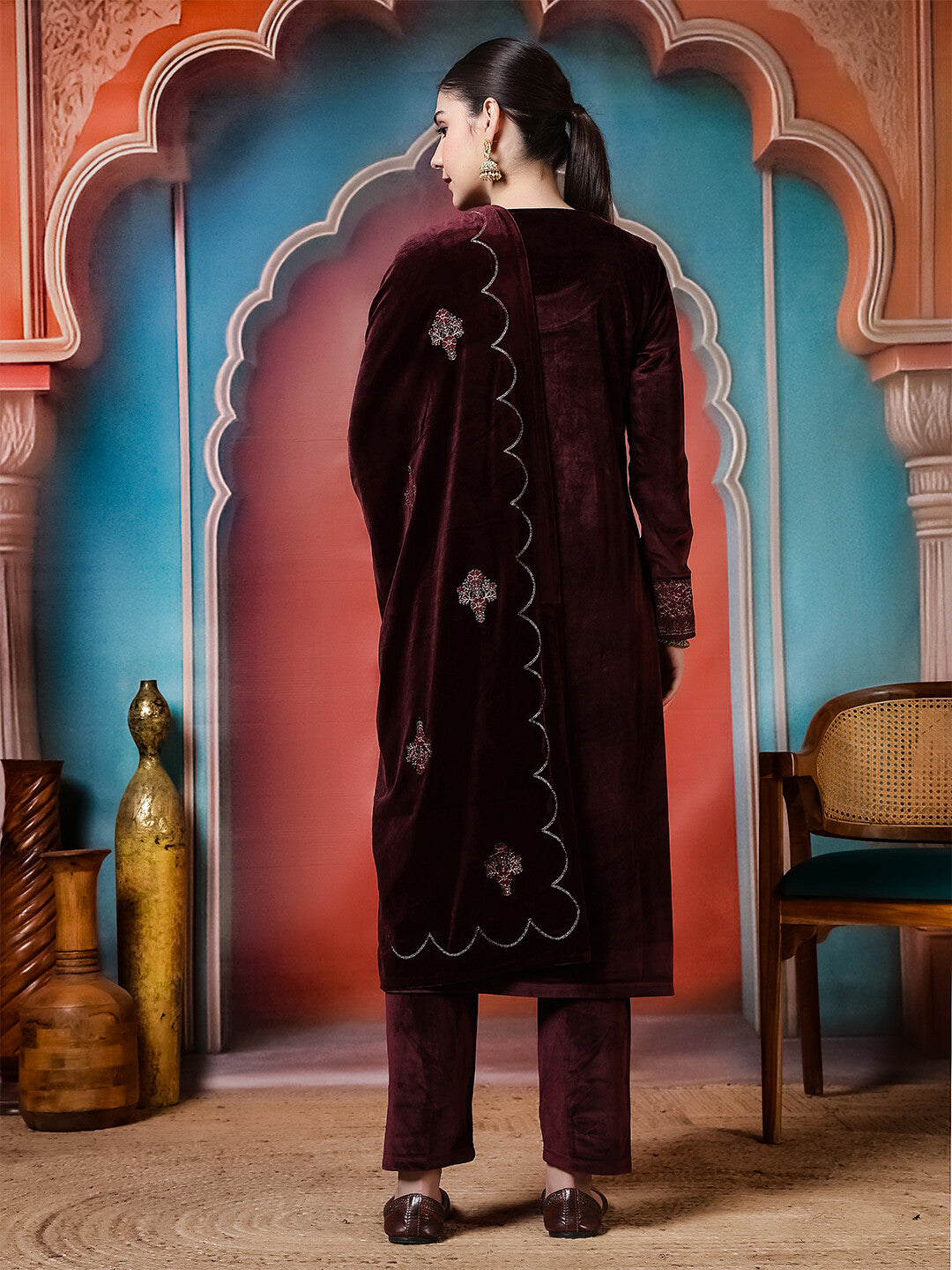 Floral Embroidered Straight Winter Wear Kurta & Trousers Sets