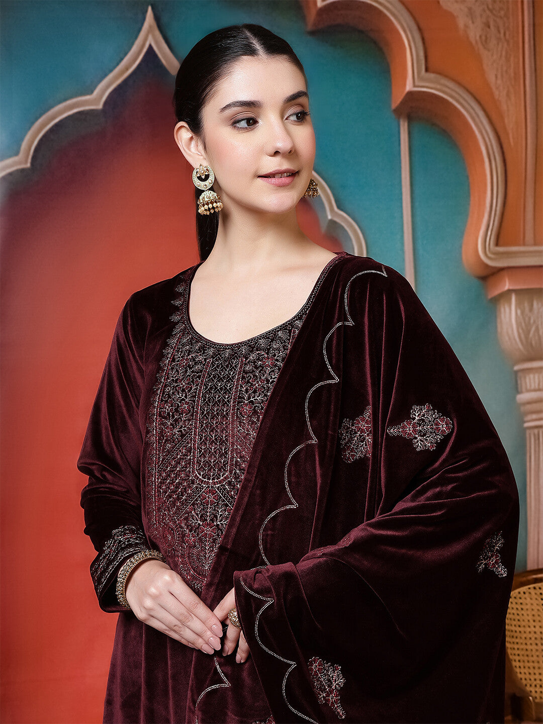 Floral Embroidered Straight Winter Wear Kurta & Trousers Sets