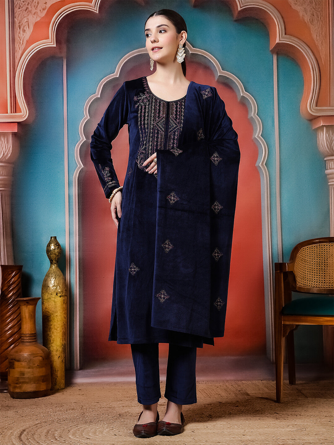 Floral Embroidered Straight Winter Wear Kurta & Trousers Sets