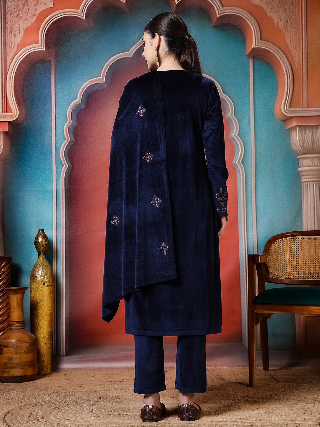 Floral Embroidered Straight Winter Wear Kurta & Trousers Sets