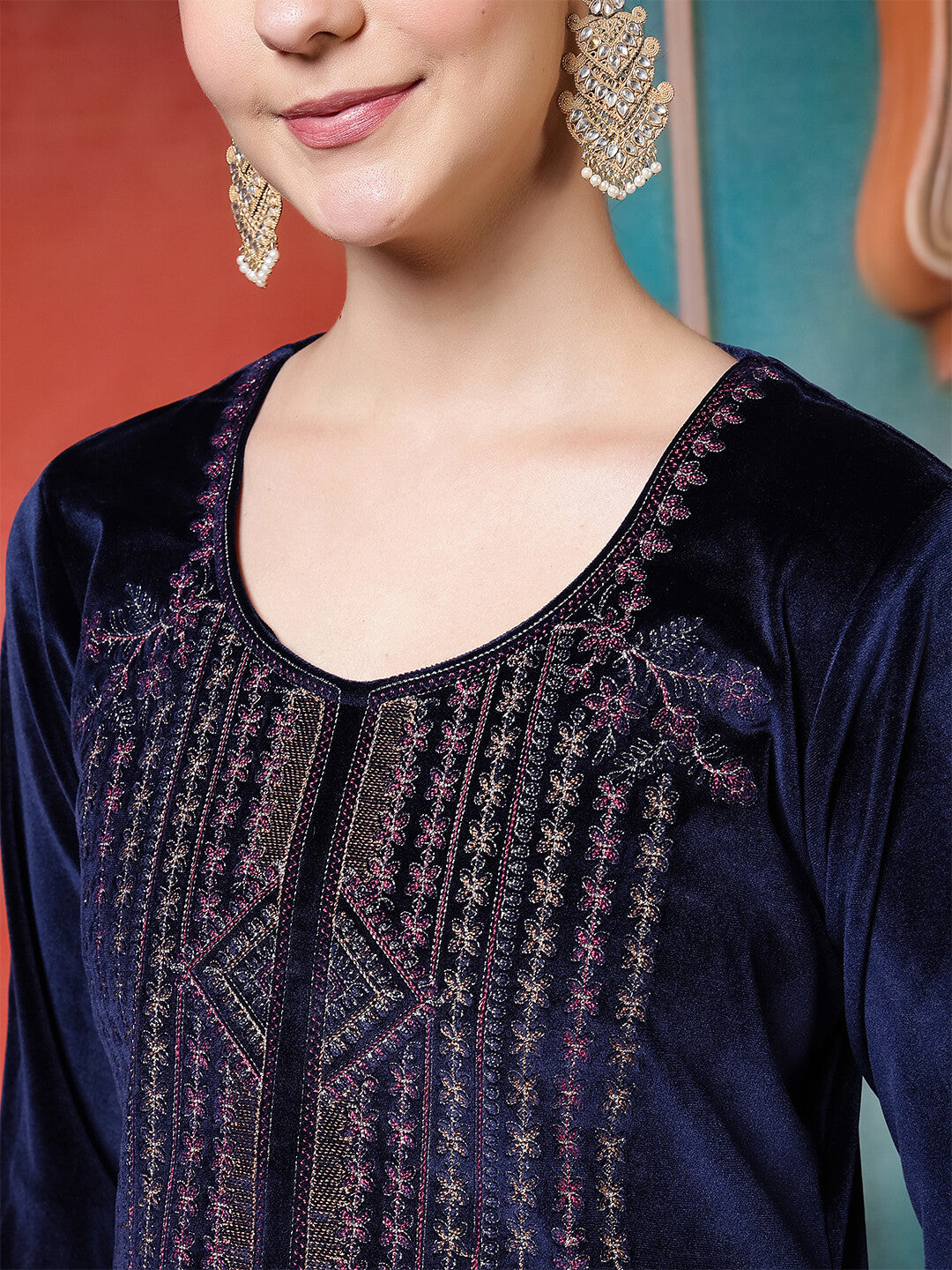 Floral Embroidered Straight Winter Wear Kurta & Trousers Sets