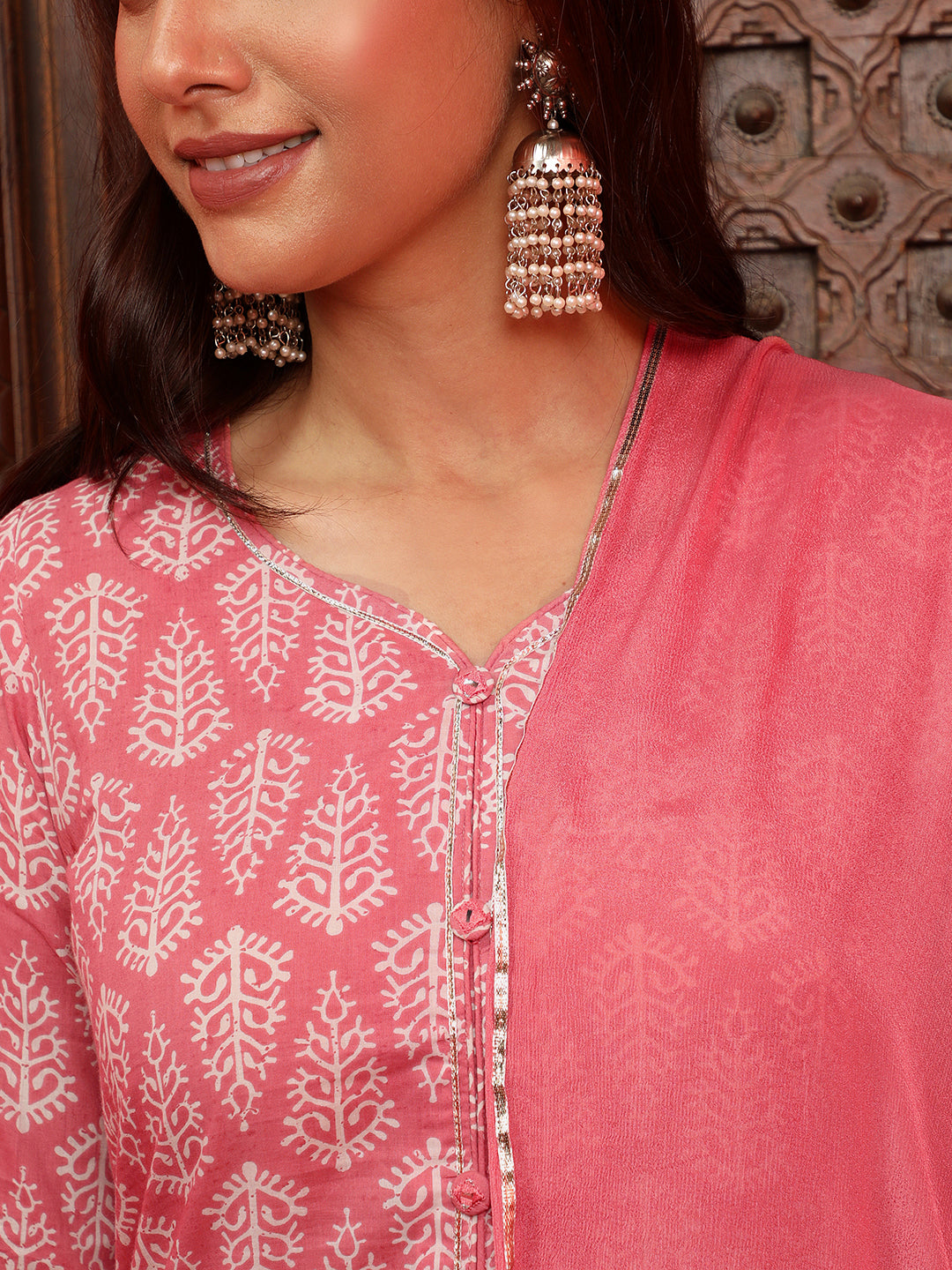 Pink Ethnic Printed Straight Kurta With Sharara And Chiffon Dupatta