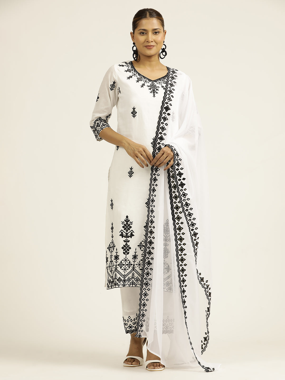 Resham Embroidered White Cotton Suit Set