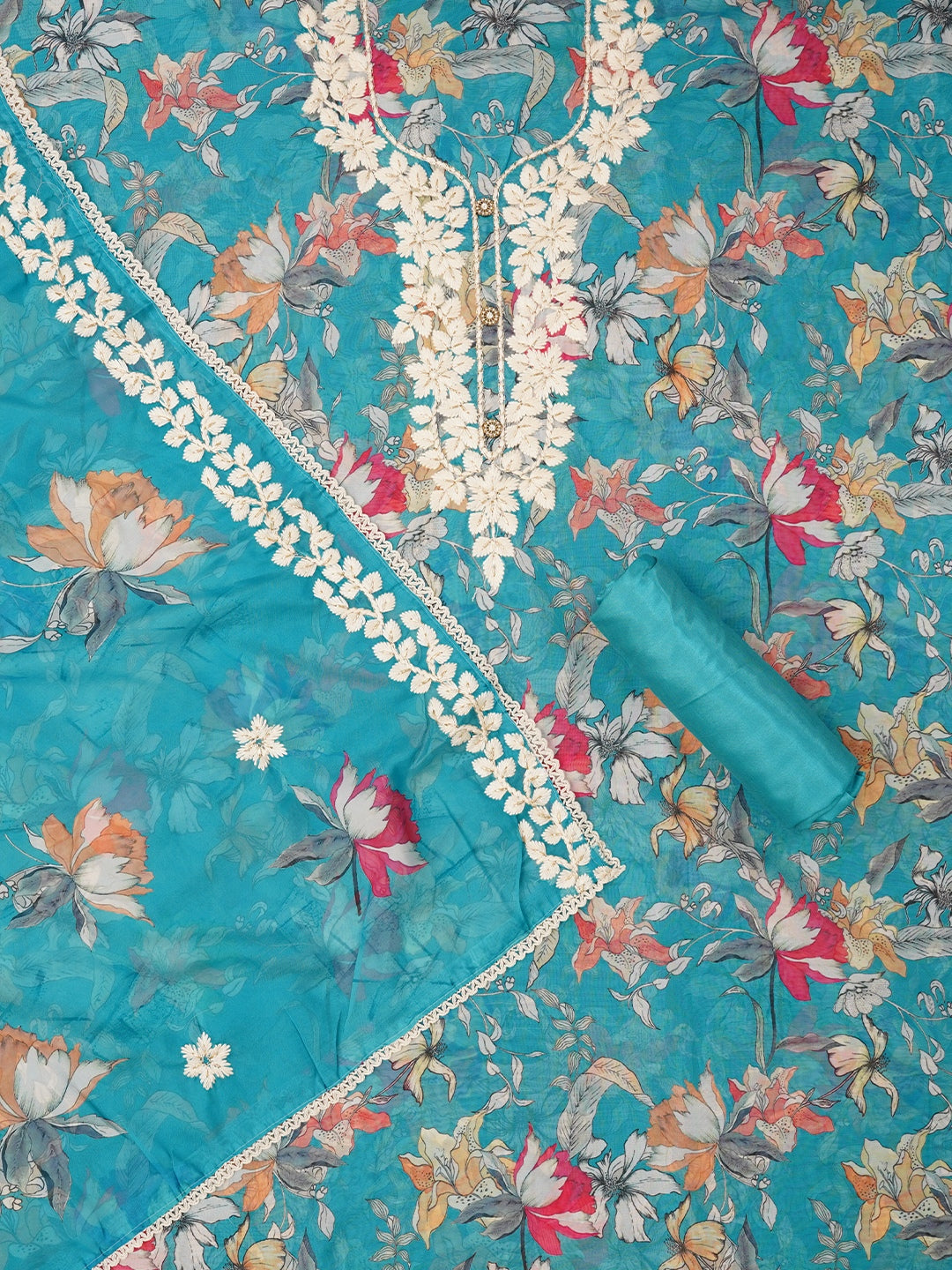 Sky Blue Lucknowi Embroidered Organza Dress Material with Dupatta