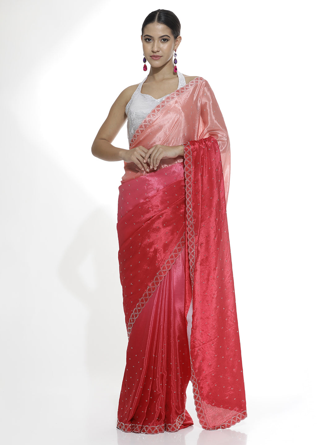 Satin Siroski Work Party Wear Red Saree