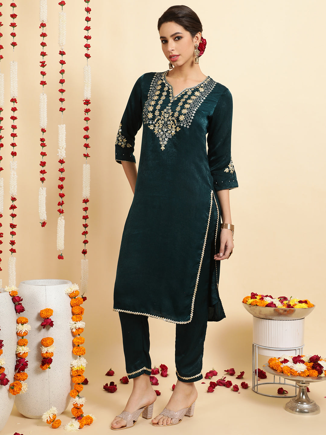 Buy Jaipur Kurti Women Light Green Angrakha Style Cotton Flared Kurta With  Palazzos online