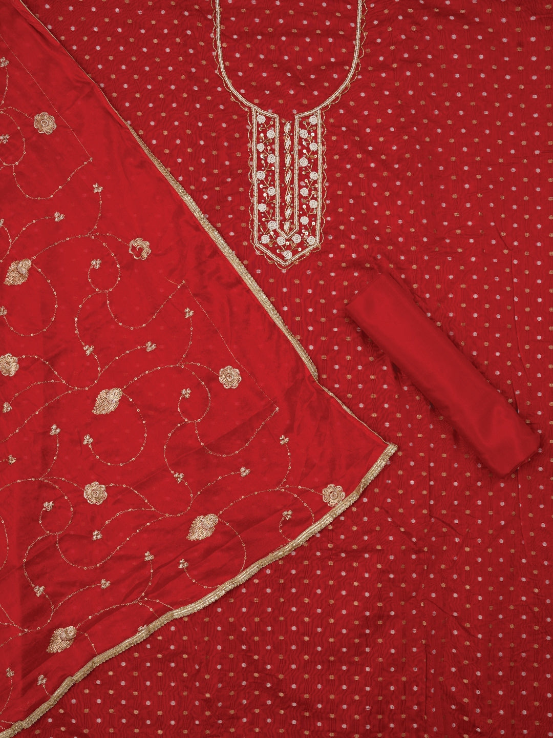 Zari Red Pure Cotton Dress Material with Dupatta