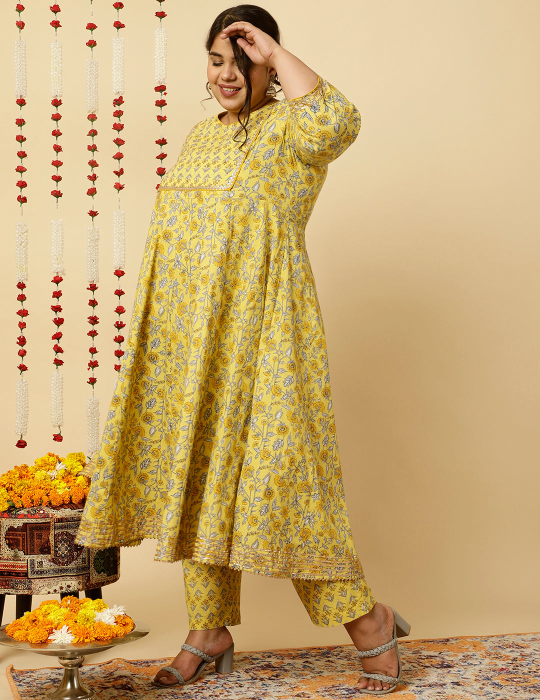 Plus Size Yellow Ethnic Print Anarkali Kurta With Pants And Dupatta