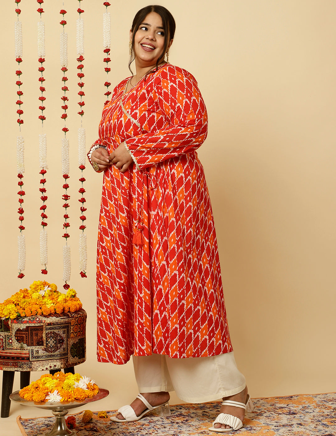 Plus Size Red Ikat Printed Angrakha Kurta