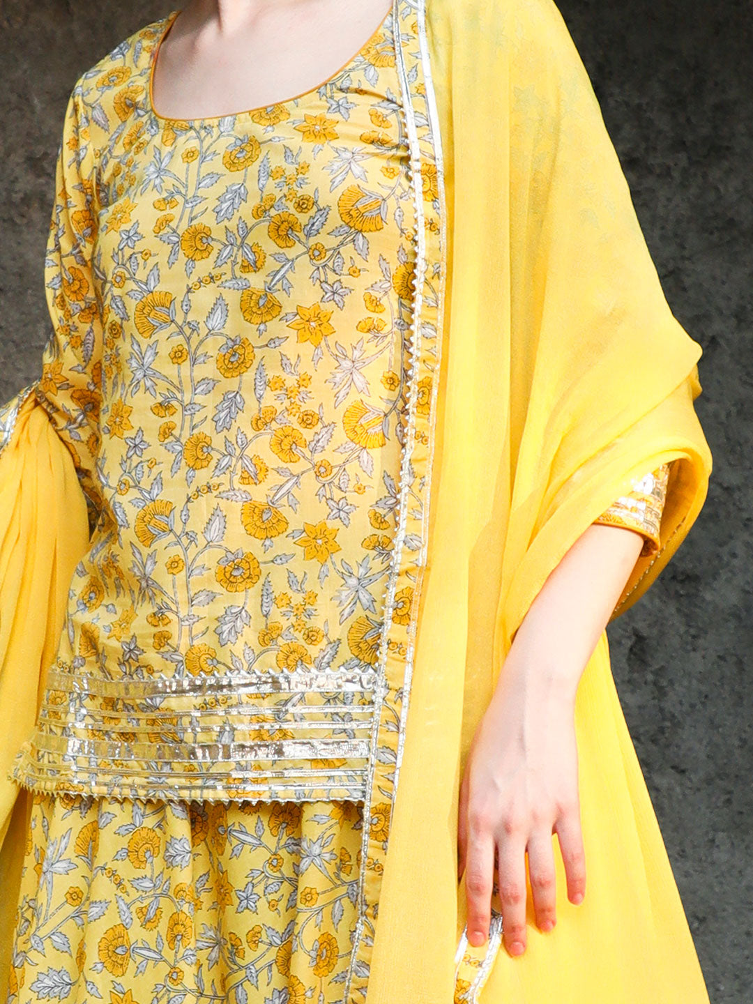 Yellow Floral Print Short Kurta With Skirt And Dupatta