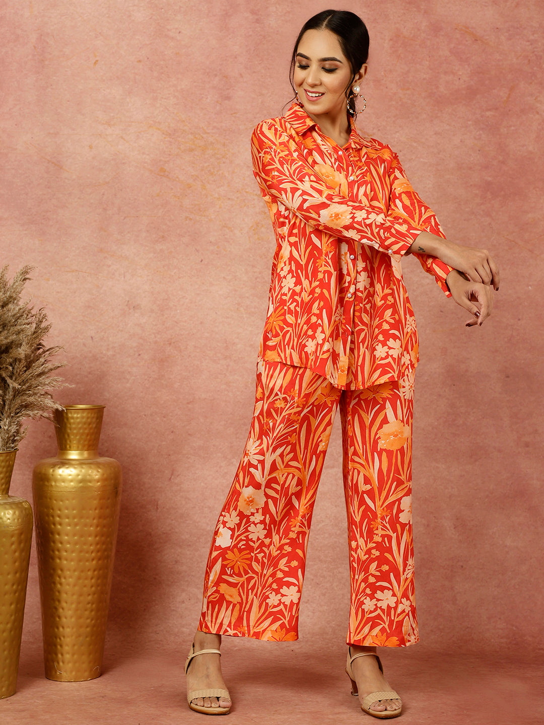 Red Tropical Floral Printed Shirt With Pants Co-ord Set