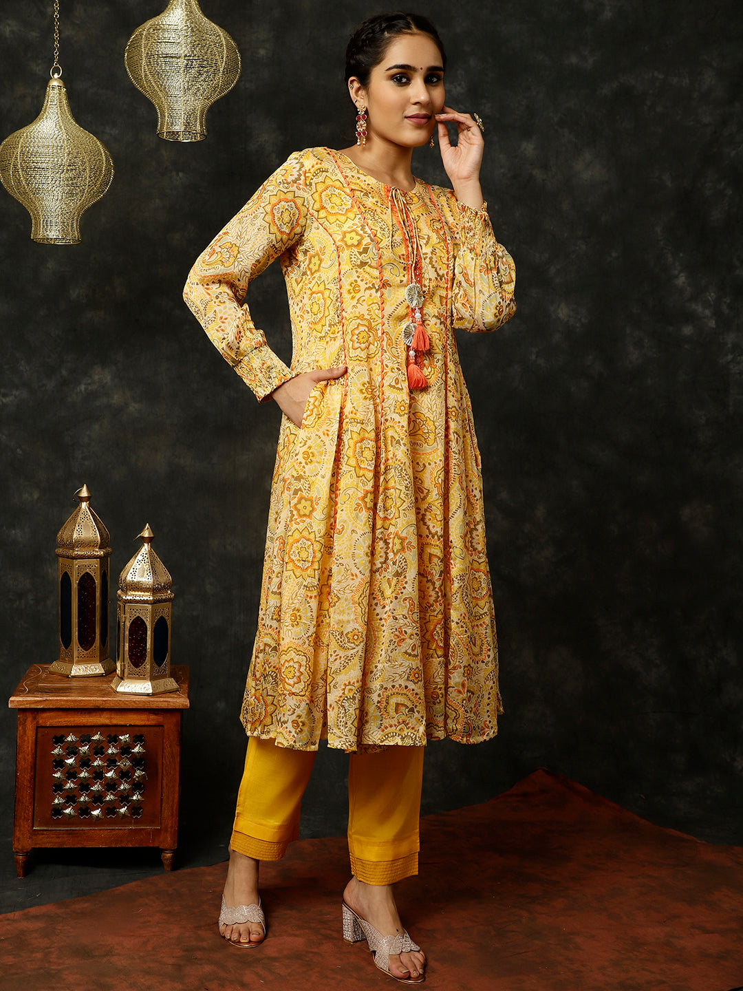 Yellow Floral Printed Mirror Work Anarkali Kurta With Pants And Dupatta
