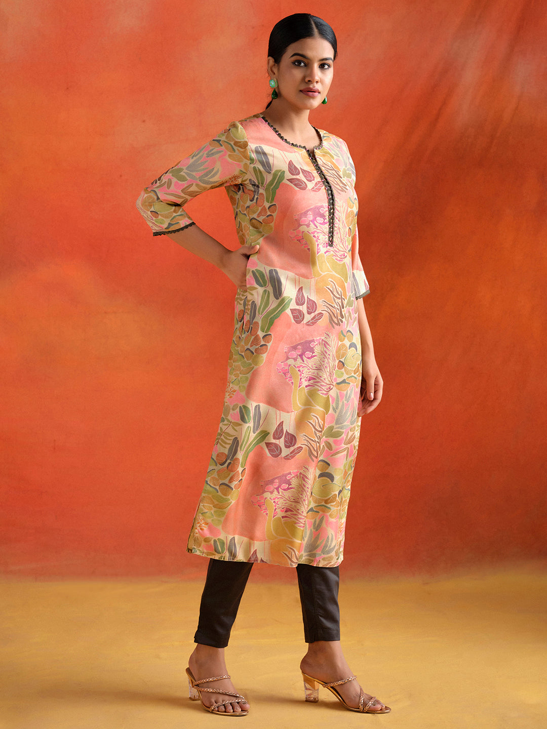 Peach Botanical Printed Embroidered Straight Kurta