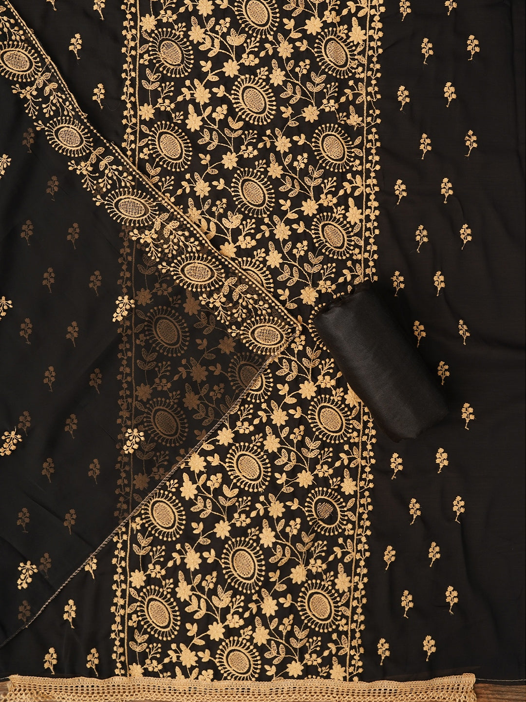 Black Sequin Embroidered Silk Georgette Dress Material with Dupatta