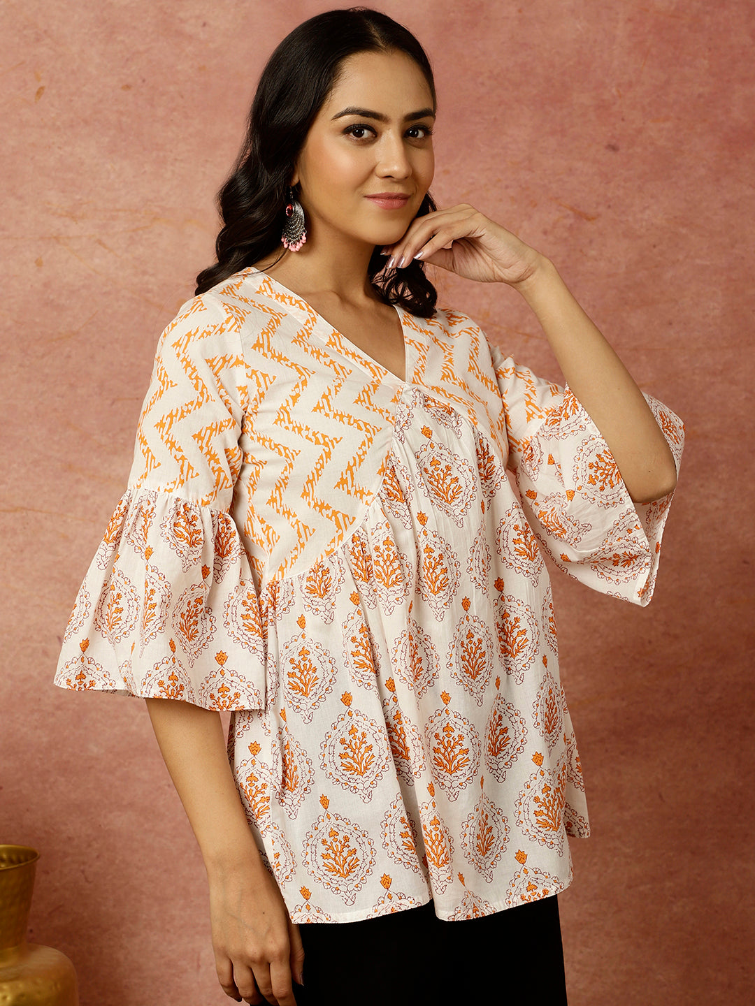 White Ethnic Printed Gathered Cotton Top