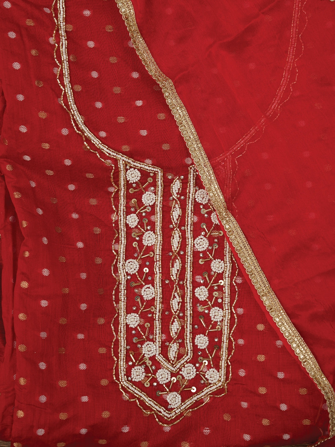 Zari Red Pure Cotton Dress Material with Dupatta