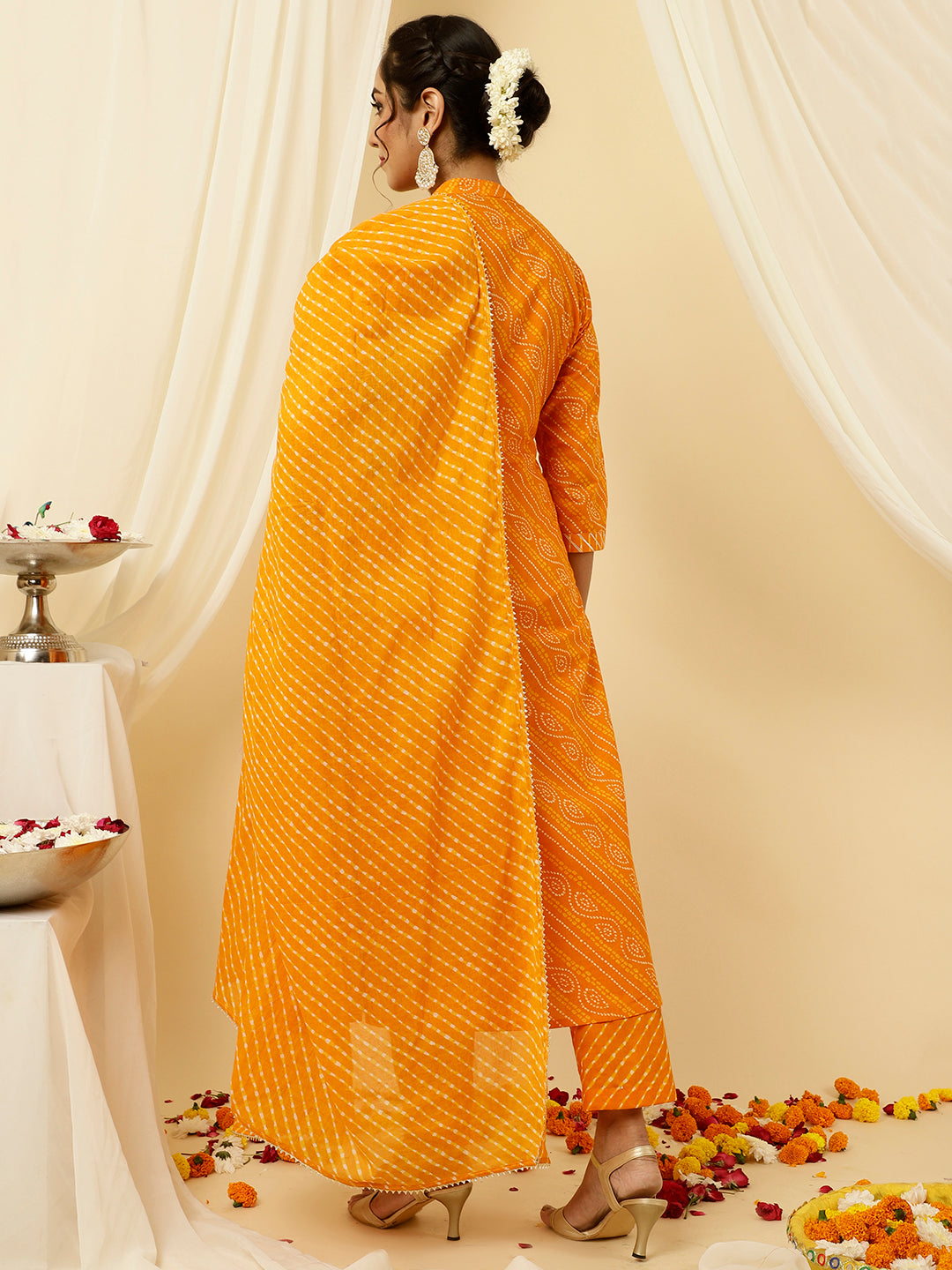 Orange Bandhani Angrakha Kurta With Leheriya Pants And Dupatta
