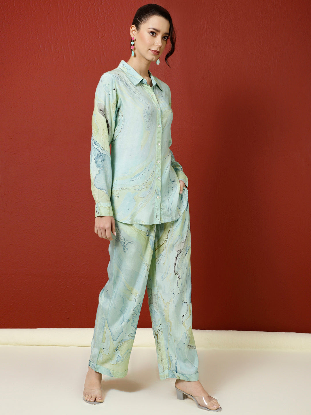 Blue Hand Marble Dyeing Office Wear Co-ord Set