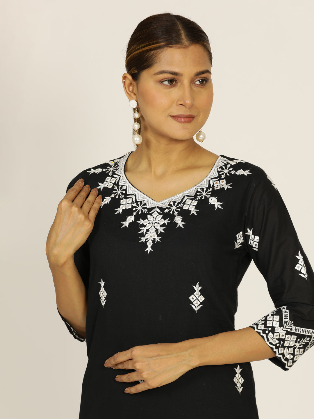 Resham Embroidered Black Cotton Suit Set