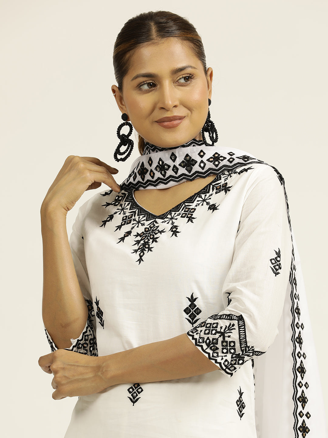 Resham Embroidered White Cotton Suit Set