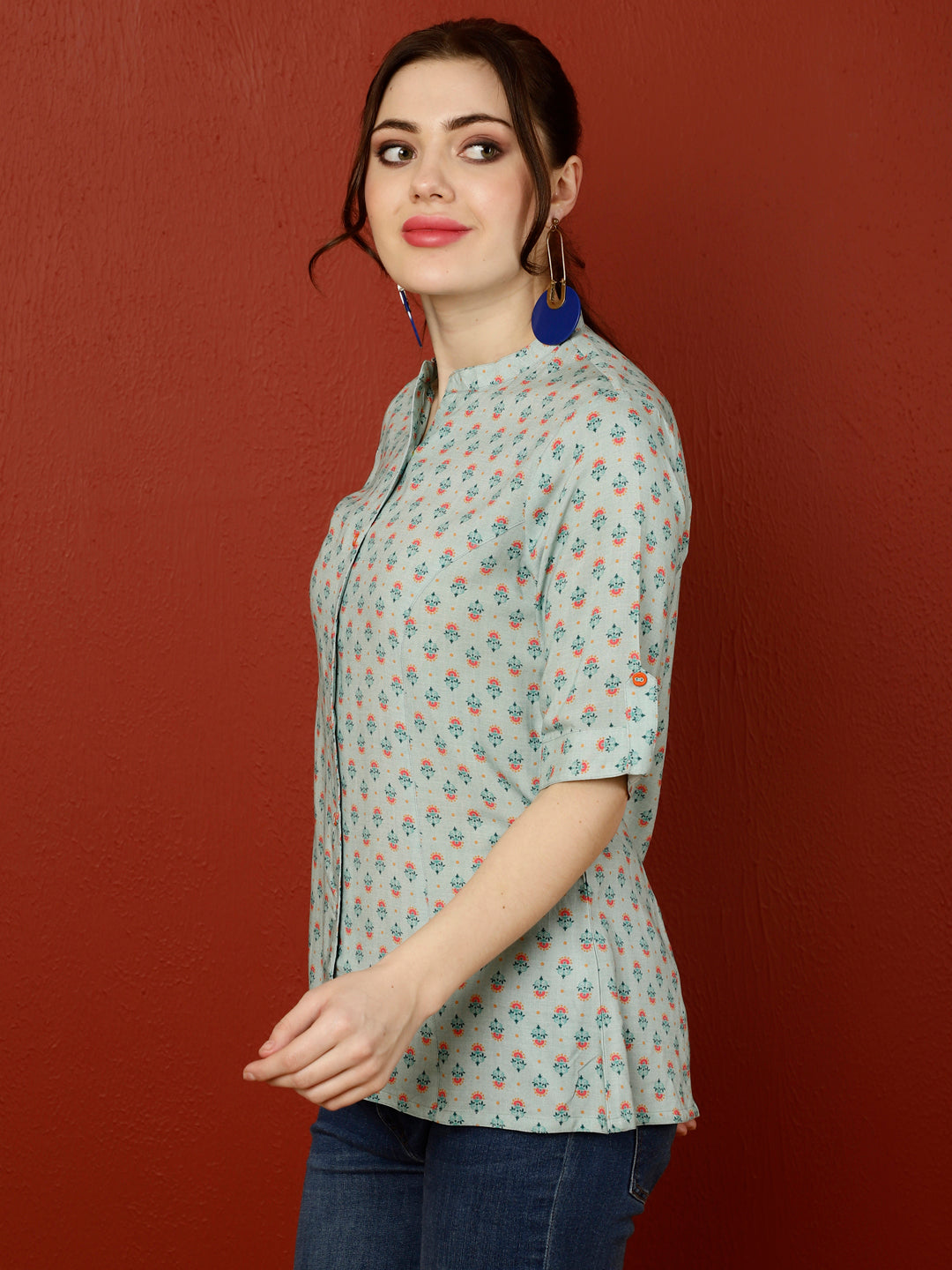 Blue Ethnic Printed Princess Cut Formal Top