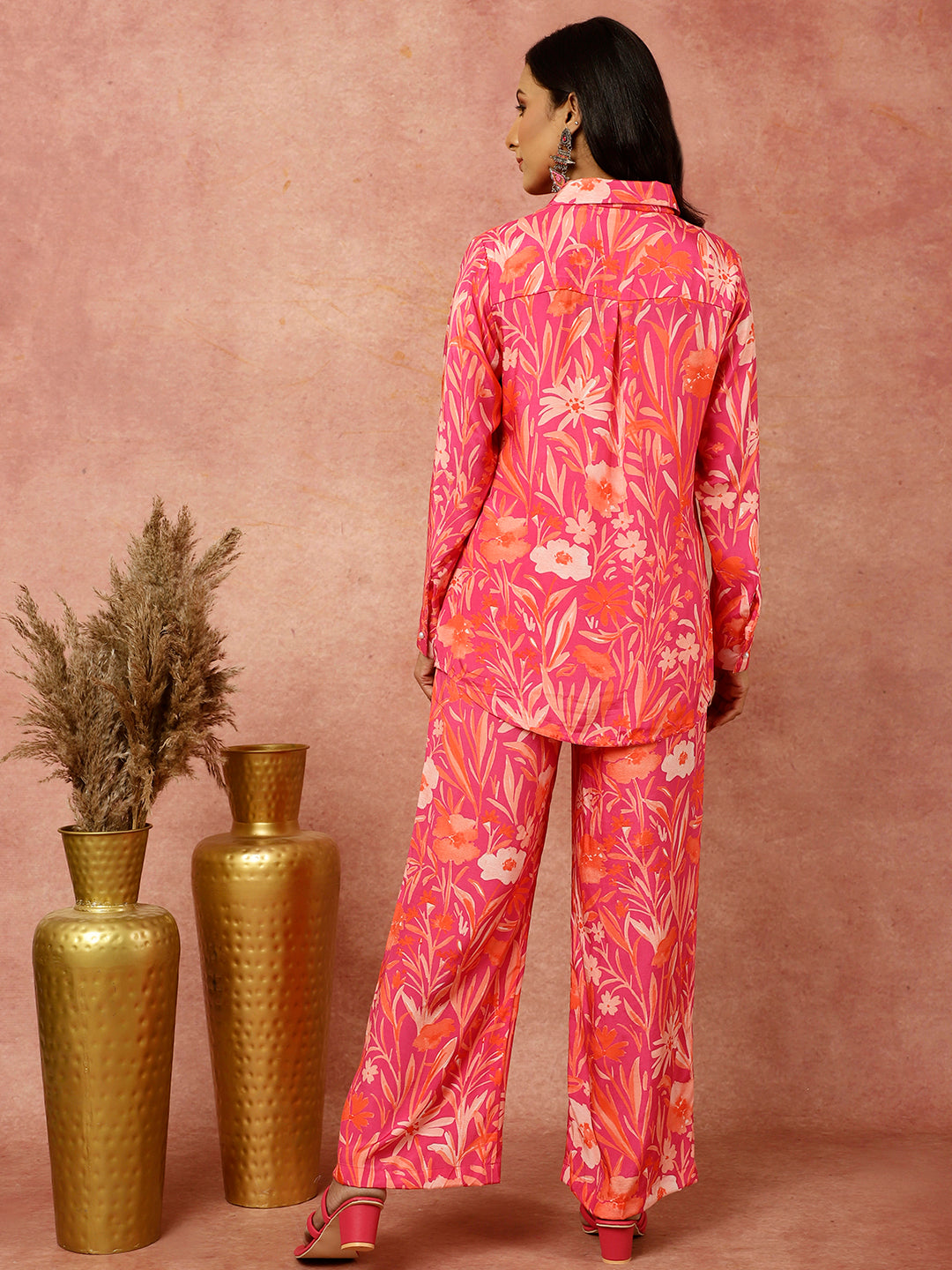 Pink Tropical Floral Printed Shirt With Pants Co-ord Set