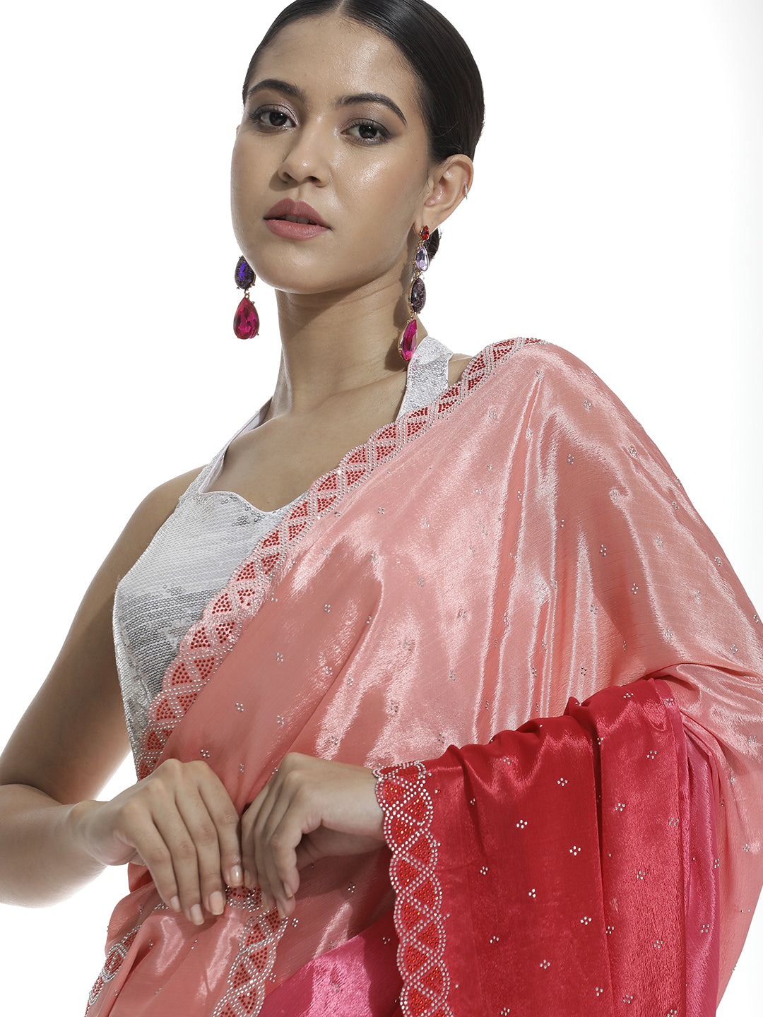 Satin Siroski Work Party Wear Red Saree