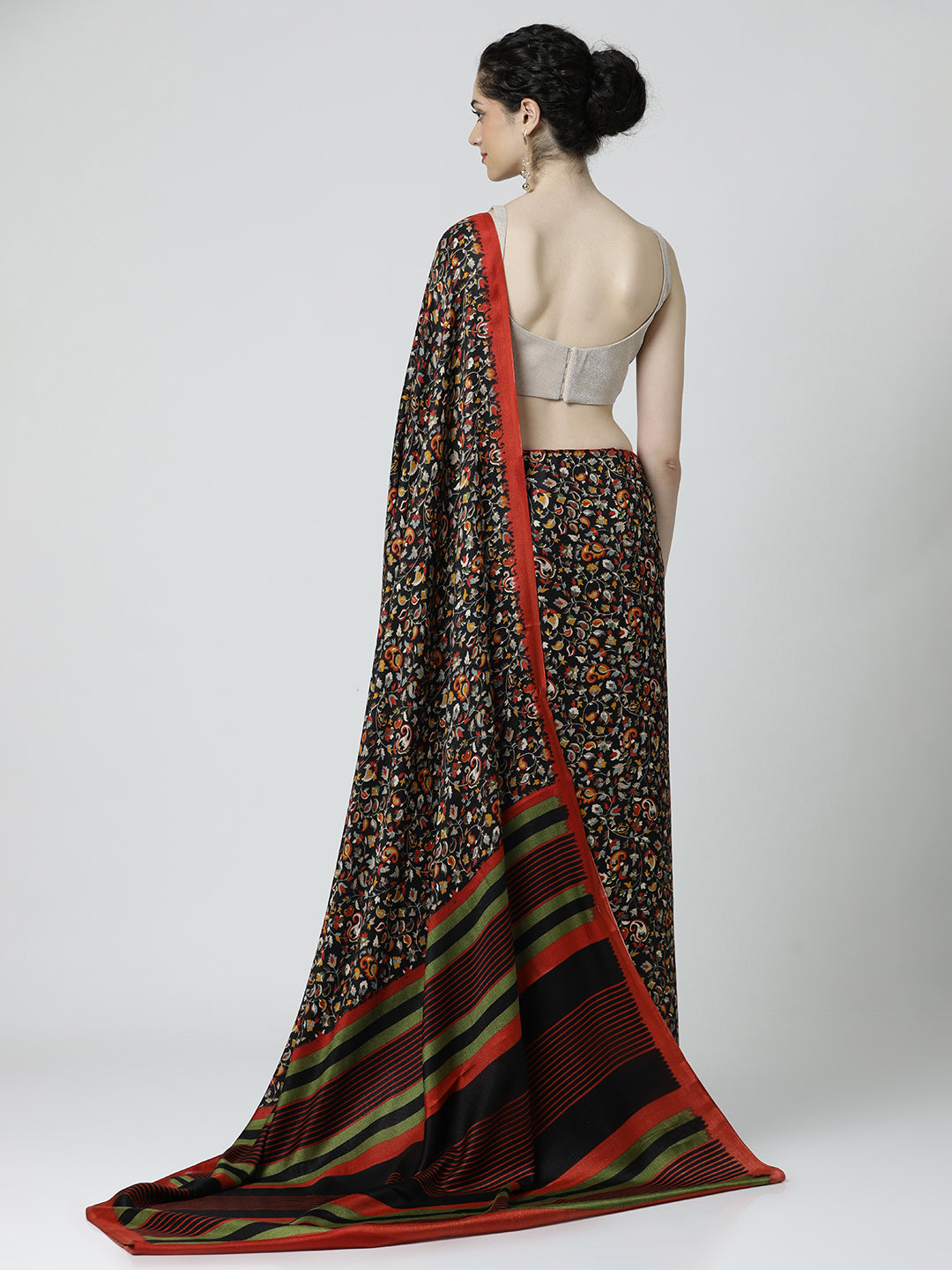 Black Floral Printed Poly Silk Saree