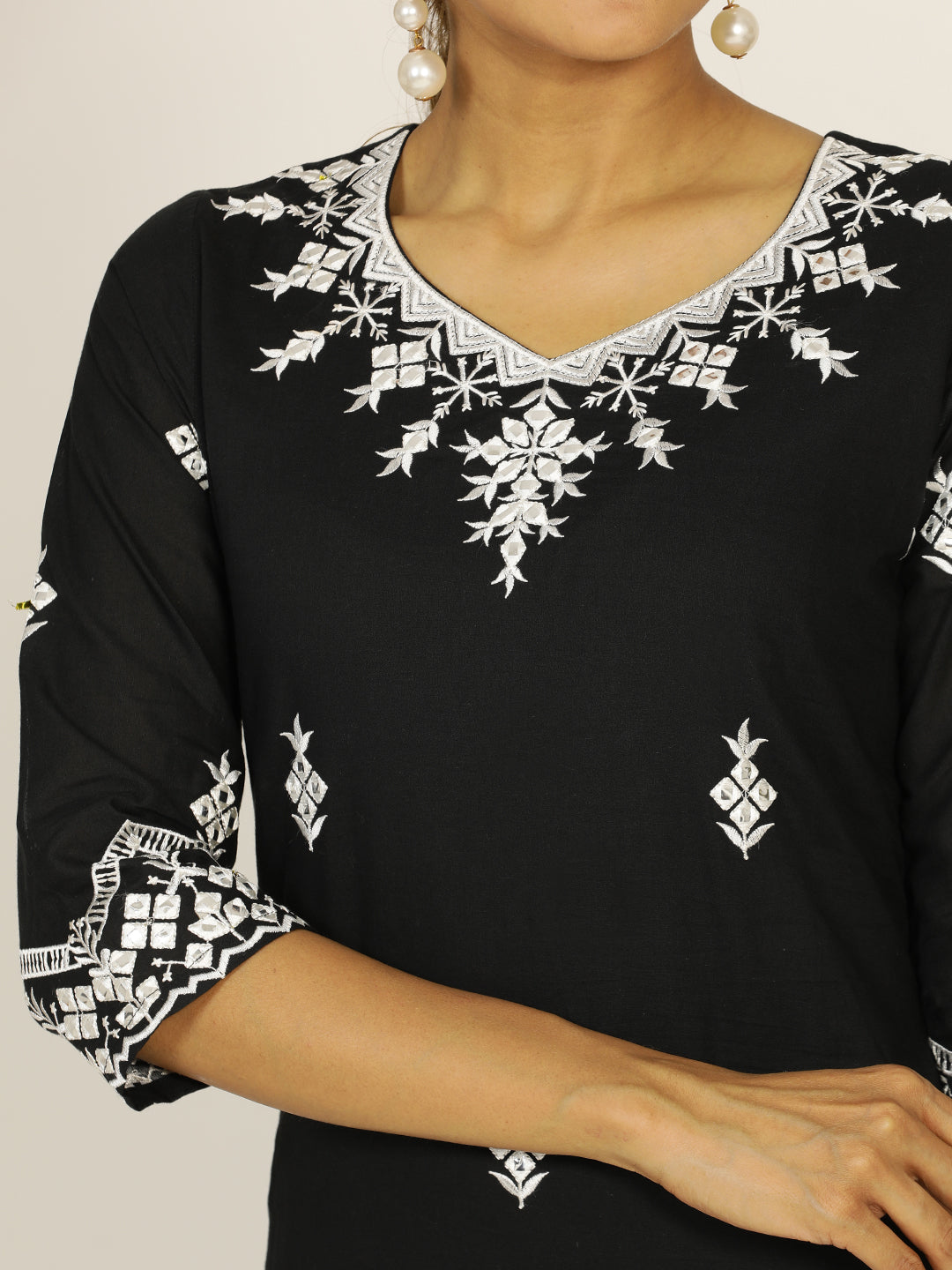 Resham Embroidered Black Cotton Suit Set