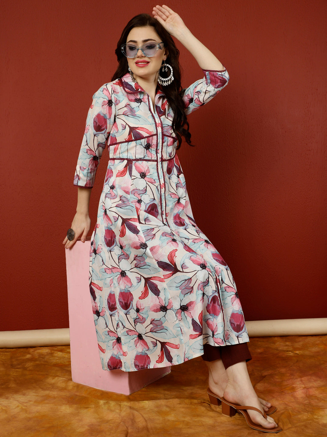 Floral Printed And Embroidered A-line Kurta