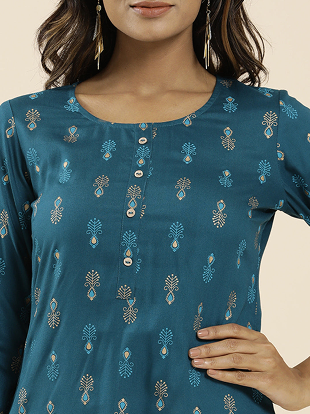 Teal Ethnic Motif Printed Straight Kurta