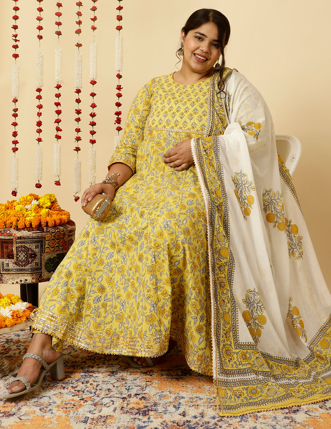 Plus Size Yellow Ethnic Print Anarkali Kurta With Pants And Dupatta