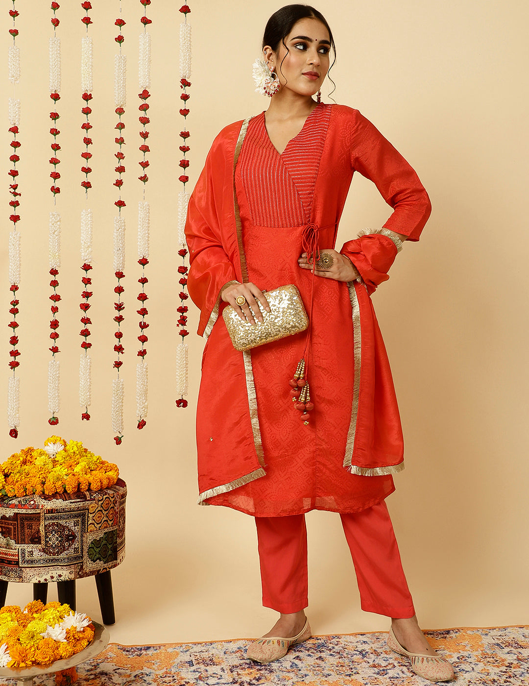 Red A-line Silk Kantha Work Kurta With Pants And Dupatta