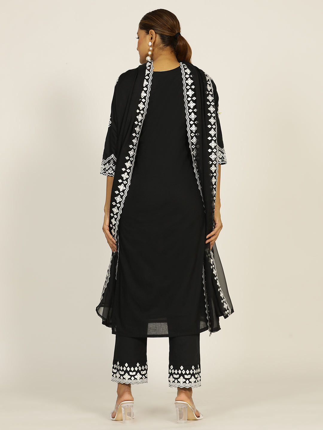 Resham Embroidered Black Cotton Suit Set