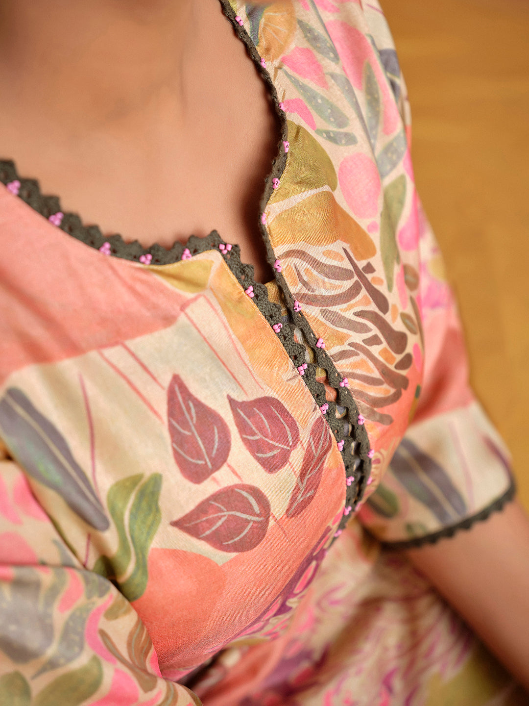 Peach Botanical Printed Embroidered Straight Kurta