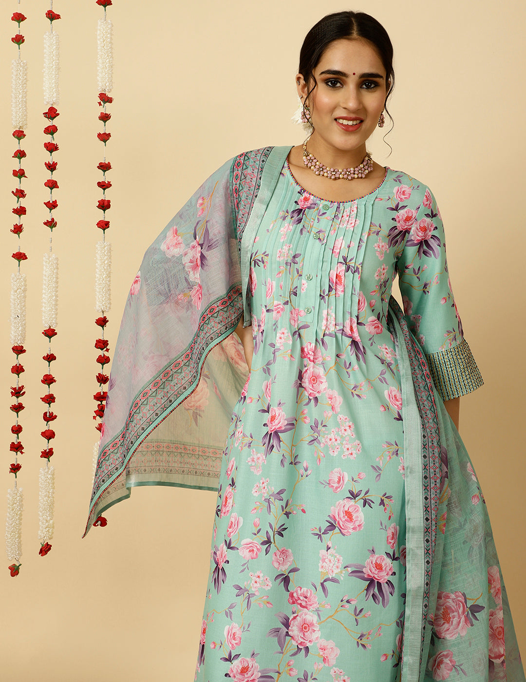 Embroidered Green Rose Print Pleated Kurta With Pants And Dupatta