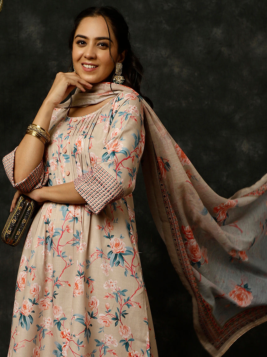 Embroidered Beige Rose Print Pleated Pakistani Kurta With Pants And Dupatta