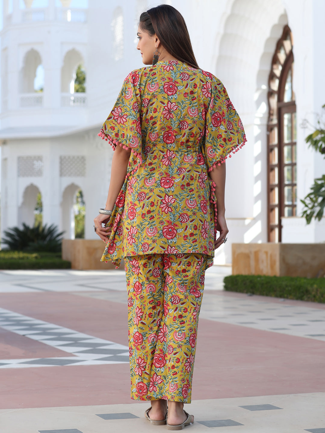 Mustard Floral Printed Kaftan Top With Pants Loungewear Set