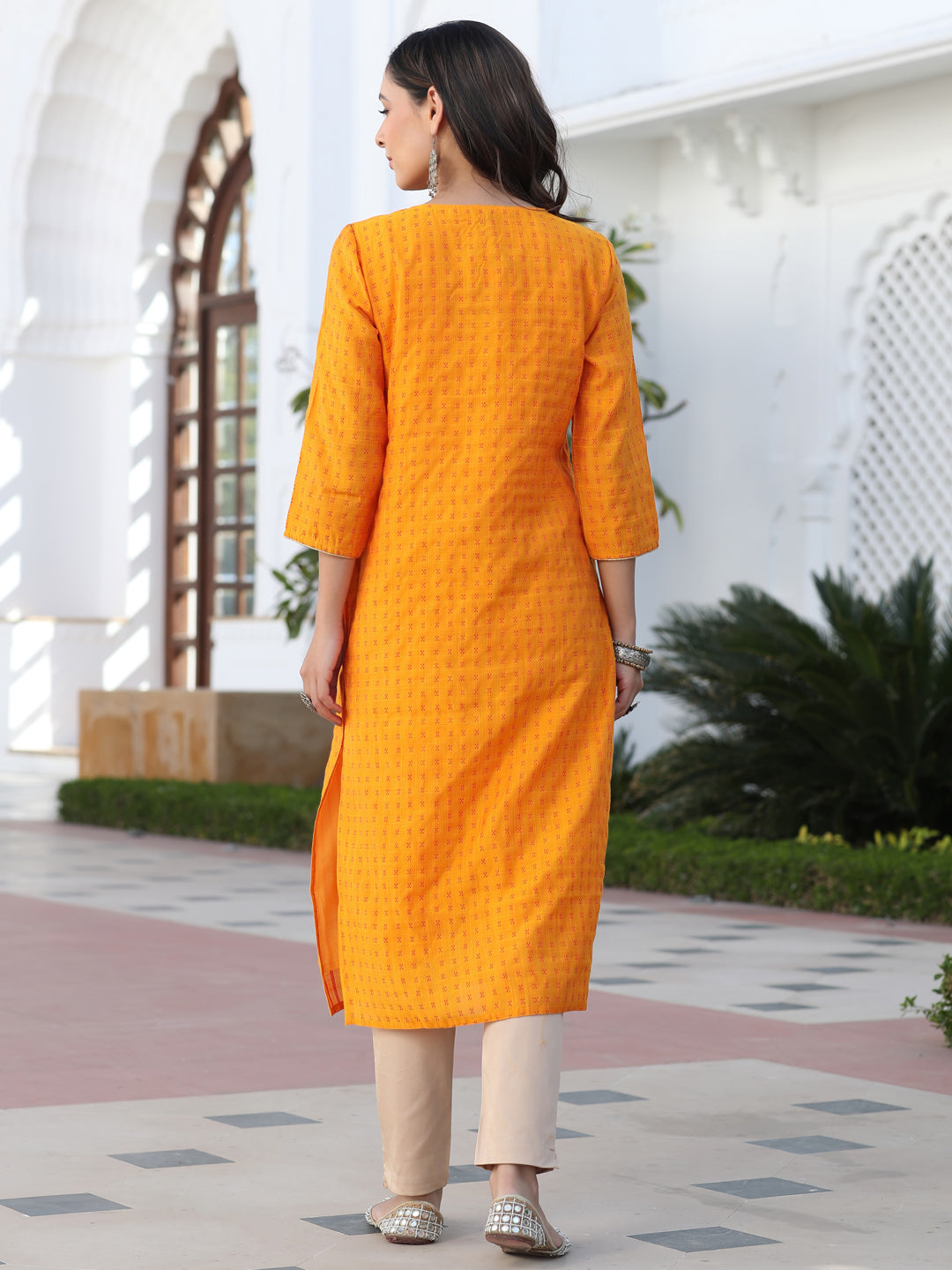 Mustard Yarn Dyed Self Weave Chanderi Embroidered Straight Kurta