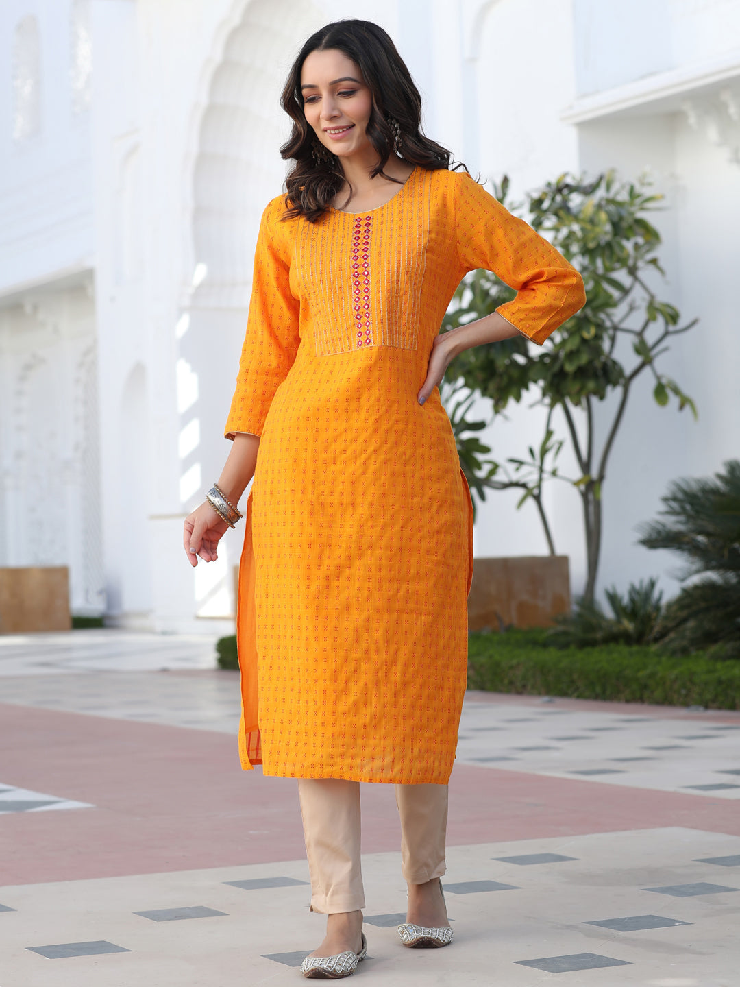Mustard Yarn Dyed Self Weave Chanderi Embroidered Straight Kurta