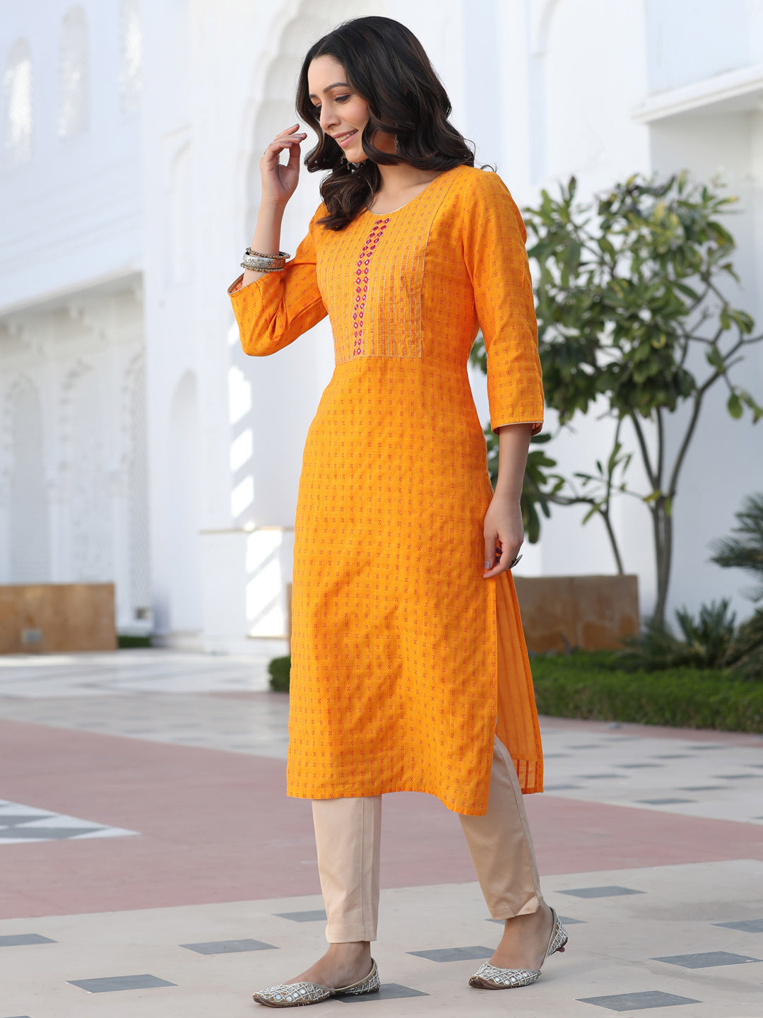 Mustard Yarn Dyed Self Weave Chanderi Embroidered Straight Kurta