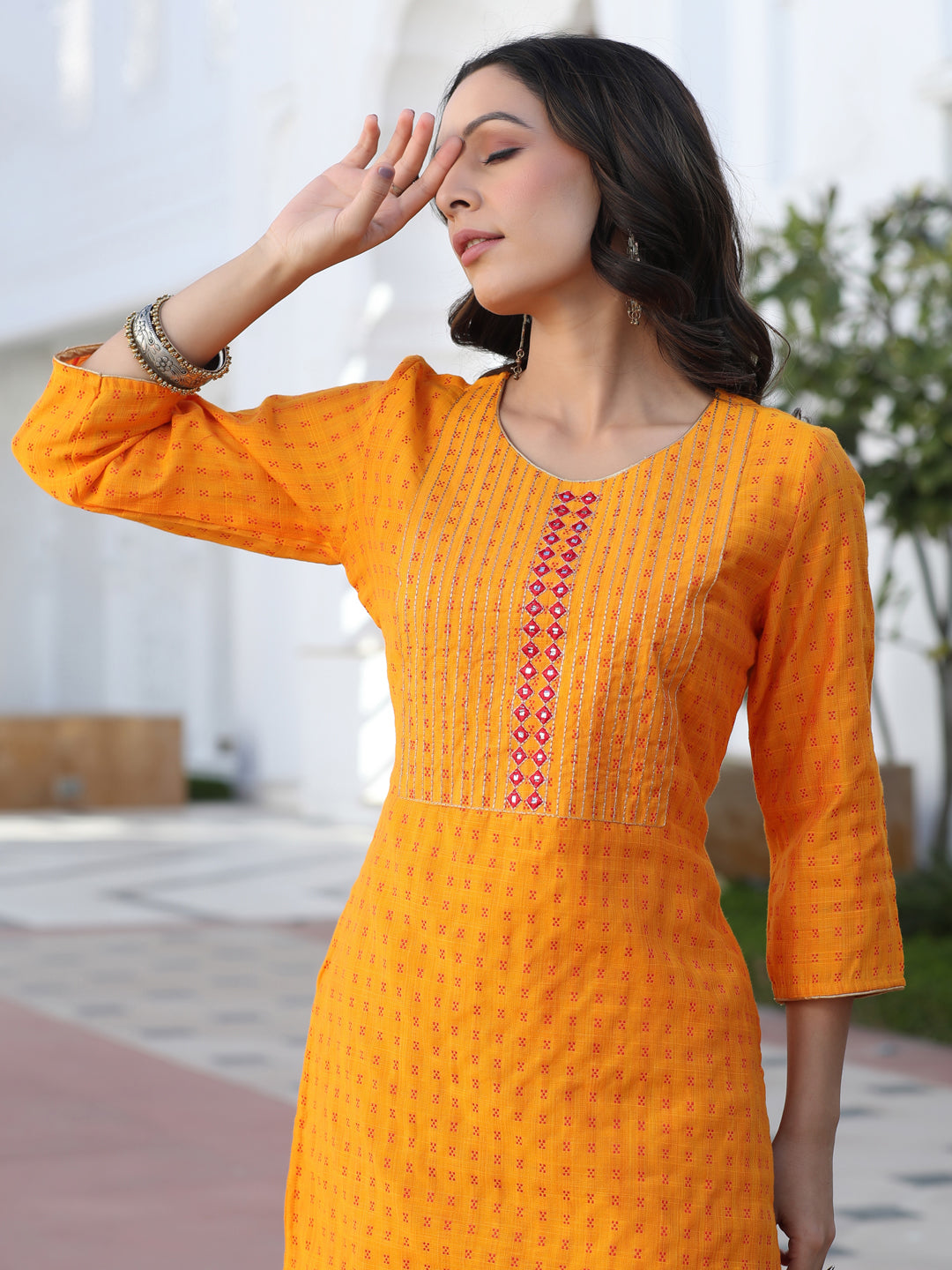 Mustard Yarn Dyed Self Weave Chanderi Embroidered Straight Kurta