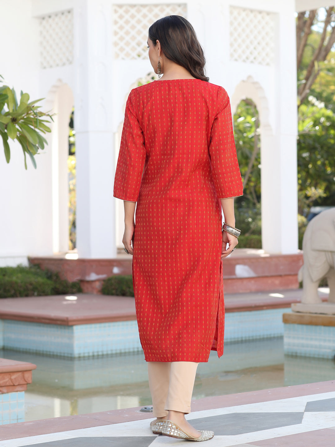 Red Yarn Dyed Self Weave Chanderi Embroidered Straight Kurta