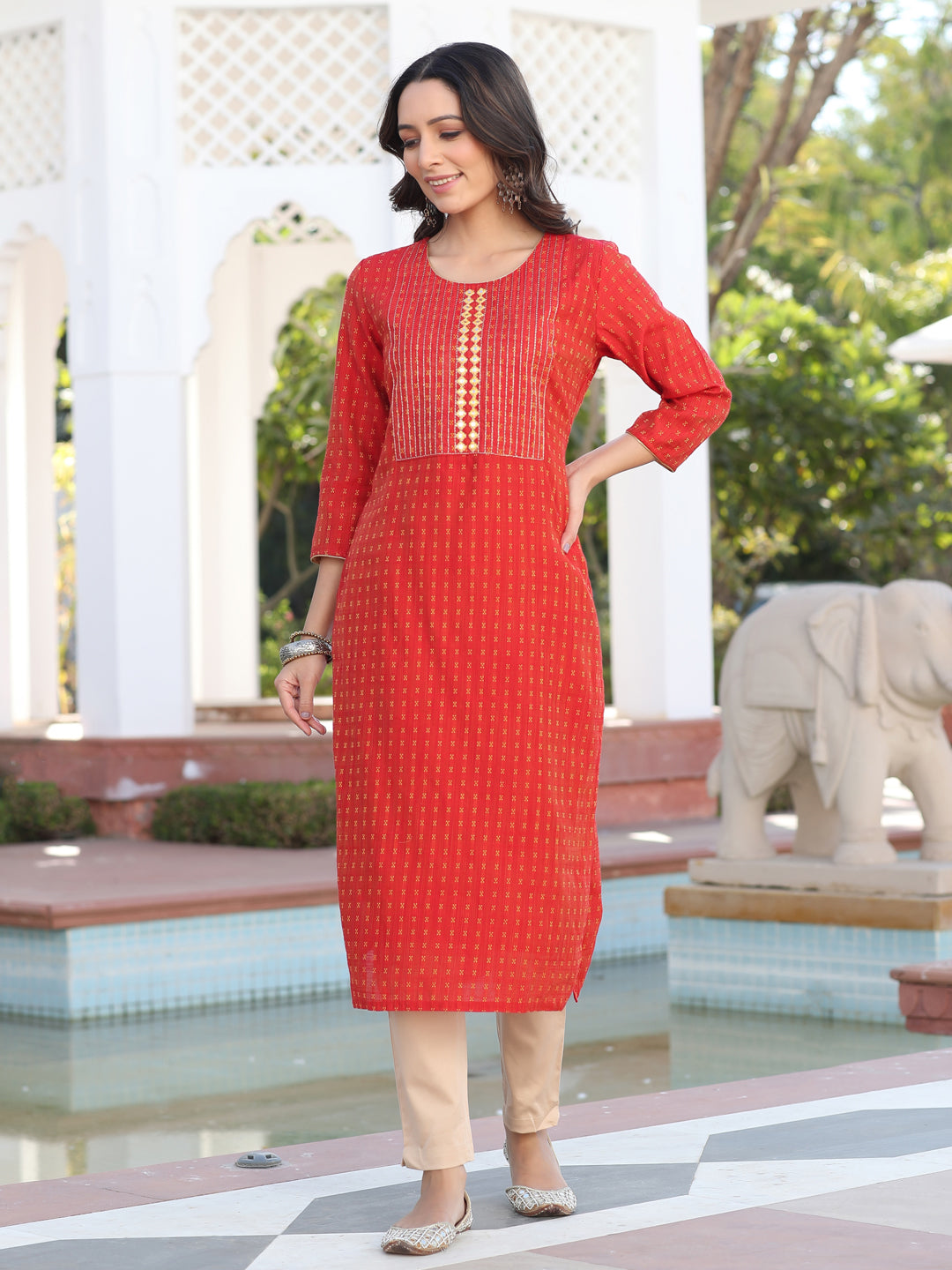 Red Yarn Dyed Self Weave Chanderi Embroidered Straight Kurta