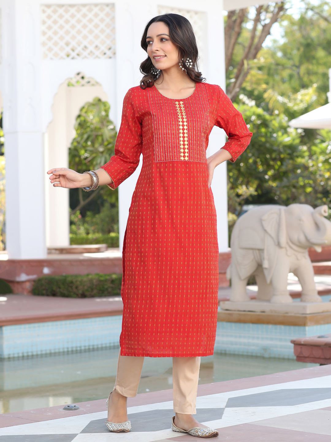 Red Yarn Dyed Self Weave Chanderi Embroidered Straight Kurta