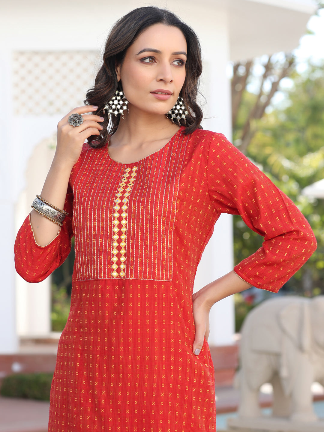 Red Yarn Dyed Self Weave Chanderi Embroidered Straight Kurta
