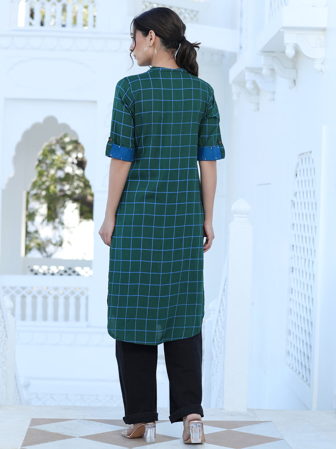 Green Checks Rayon Straight Kurta
