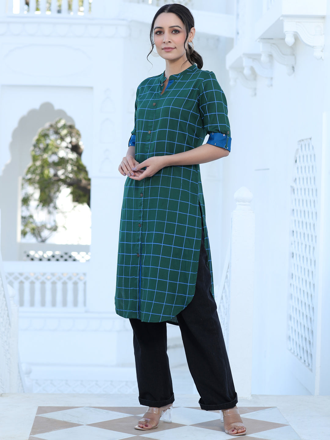 Green Checks Rayon Straight Kurta