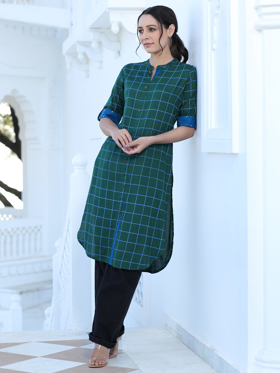 Green Checks Rayon Straight Kurta