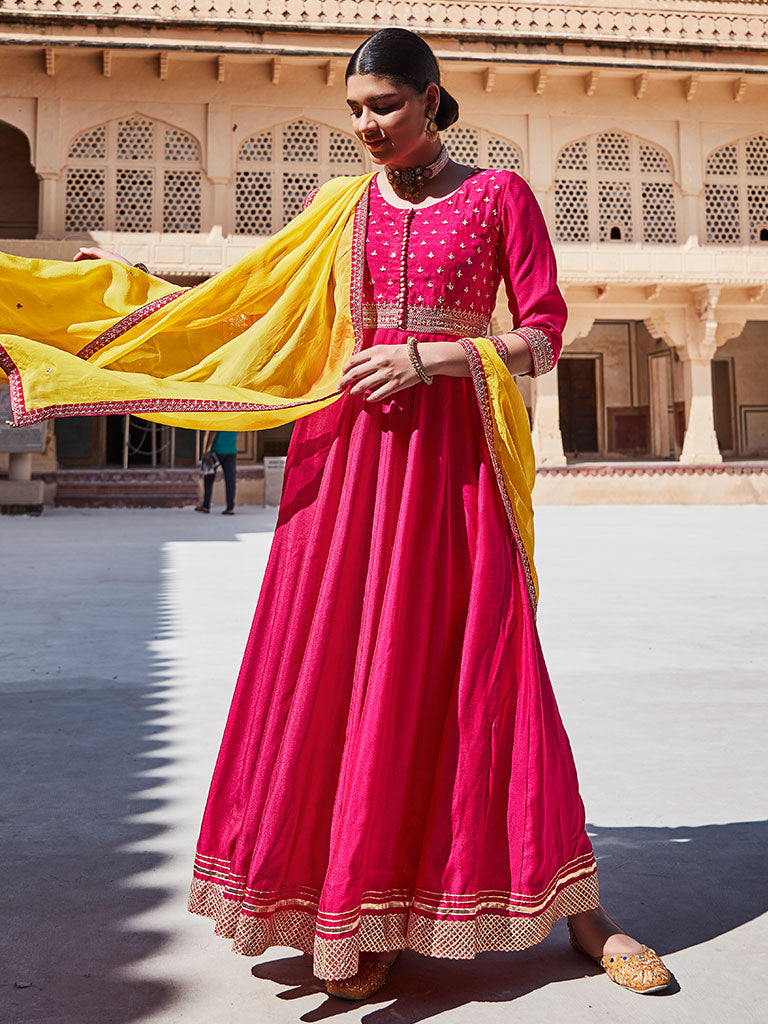 Pink Zari Work Floor Length Anarkali Kurta With Yellow Organza Embellished Dupatta